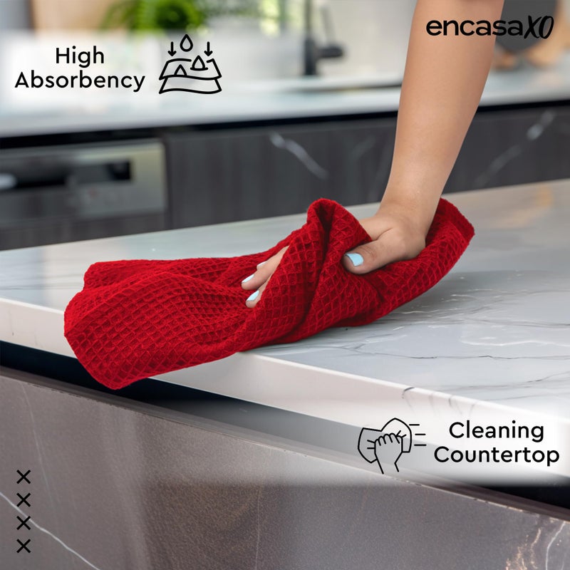 Encasa XO Kitchen Dish Towels Set | Red | Waffle Weave and Flat Hand Tea Towel | 28"x18" | Quick Drying Reusable Cotton Washcloths | Multipurpose Lightweight Dishcloths Set of 4 - Image 3